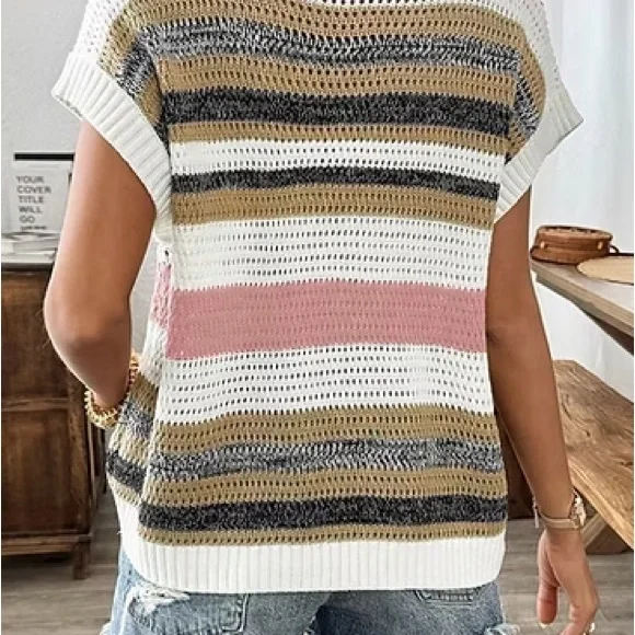 NWOT Multi Stripe Color Block Eyelet Knit Short Sleeve Sweater Tee Top - Picture 2 of 4